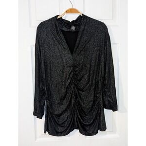 Rafaella Sparkle Knit Top Ruched V‎ Neck Silver Long Sleeve Blouse XXL 1X NEW